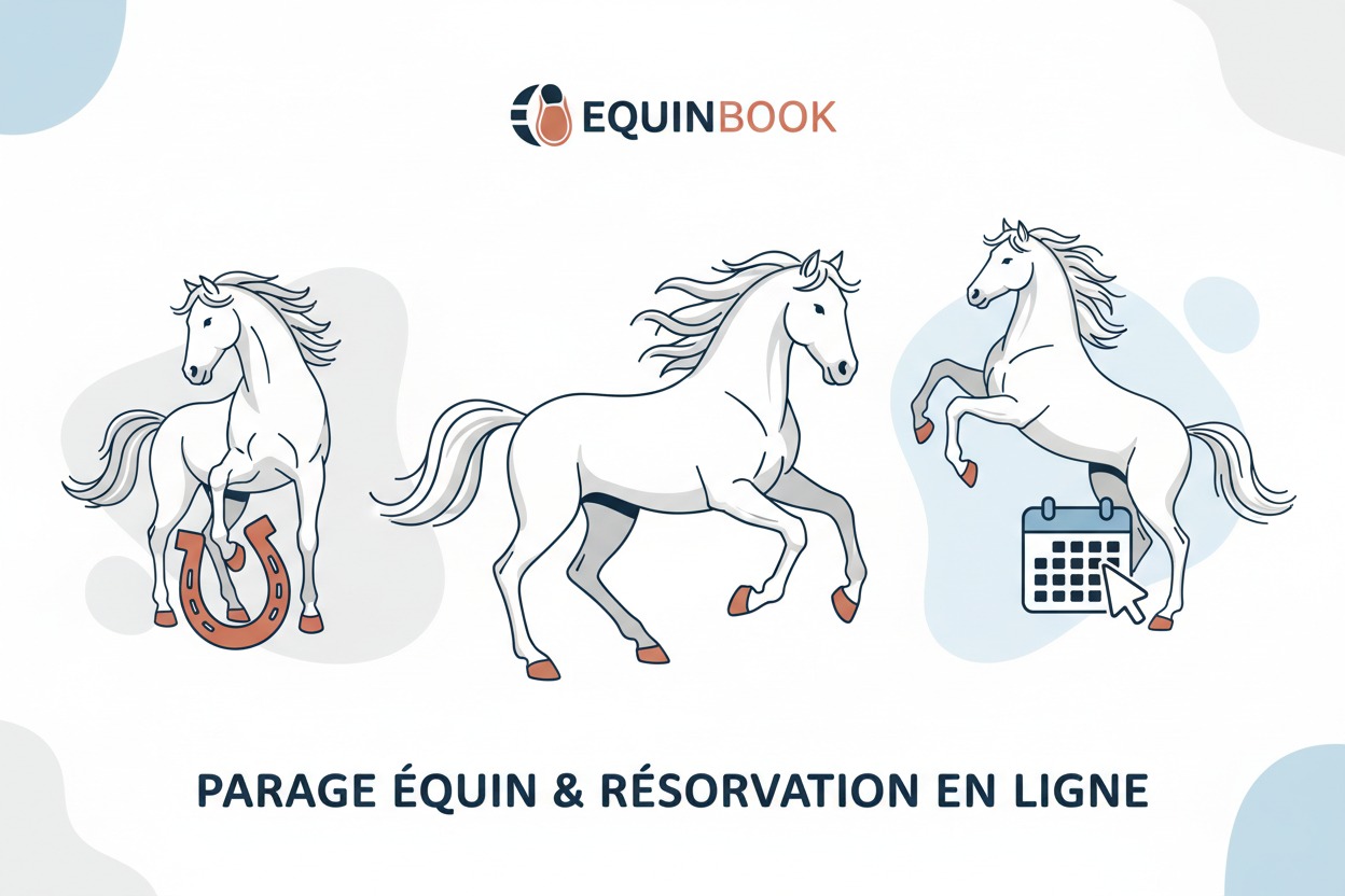 Une illustration publicitaire pour le service de parage équin et réservation en ligne Equinbook, montrant trois chevaux blancs stylisés, un fer à cheval rouge et un calendrier avec un curseur de souris.