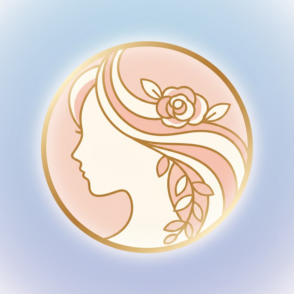 Un logo circulaire représente le profil élégant d'une femme aux cheveux ondulés ornés d'une rose et de feuilles, sur un fond bleu pastel.